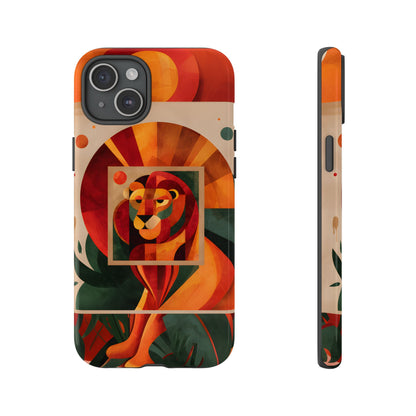 Vibrant Leo zodiac phone case featuring a majestic geometric lion surrounded by warm orange and red hues, capturing the bold, confident spirit of the Leo star sign.