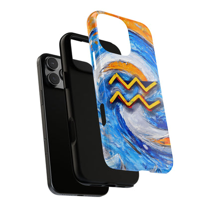 Aquarius zodiac phone case featuring vibrant blue swirling artwork, orange accents, and a bold Aquarius symbol on a protective glossy phone case.