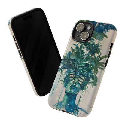 Deceitful Palms phone case featuring a surreal teal portrait partially concealed by lush tropical palm leaves, blending botanical imagery with abstract expression to symbolize hidden truths, perception, and mystery.