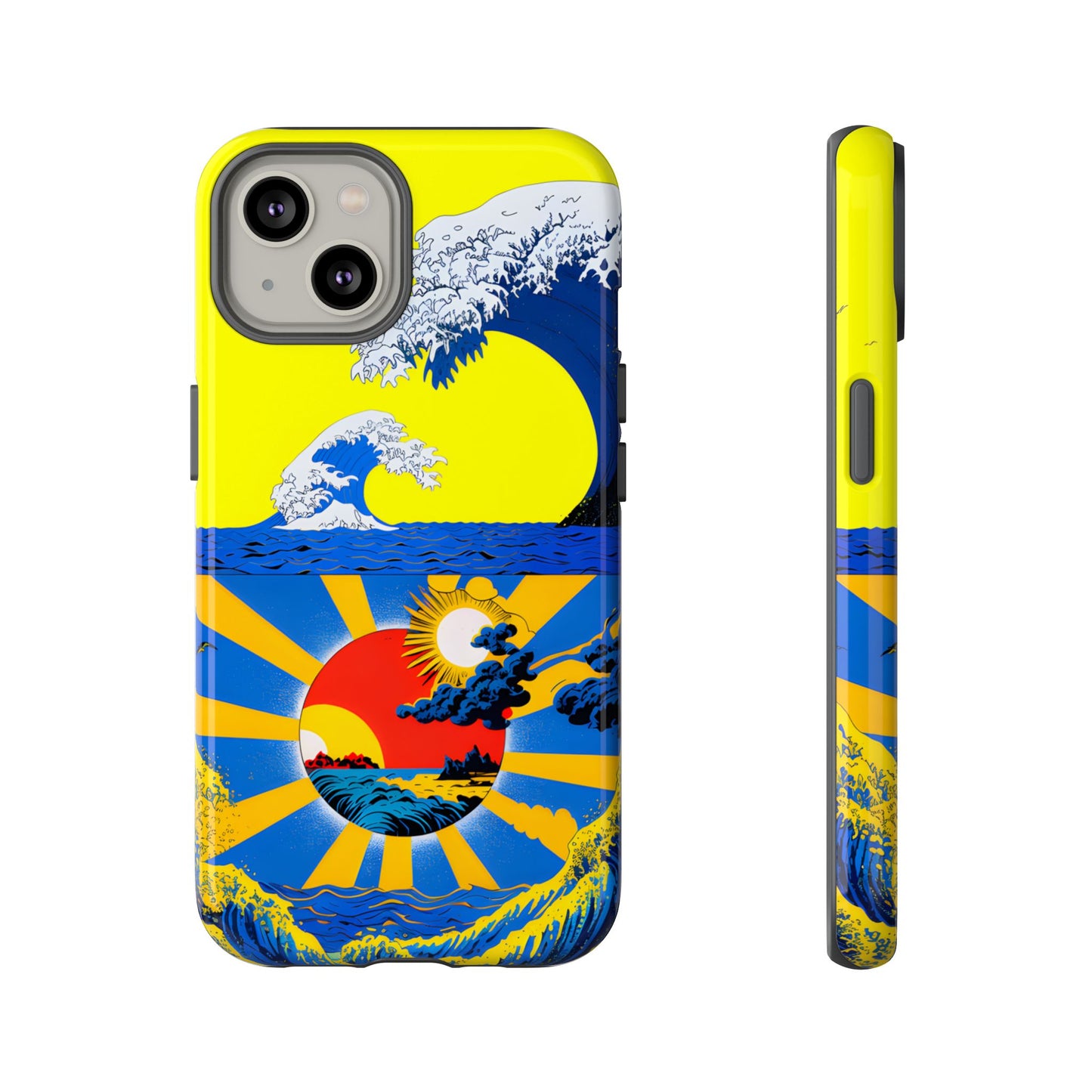 Sun Wave phone case featuring stylized blue ocean waves, a vibrant sunset scene, and bold yellow, blue, and red colors 