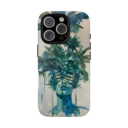 Deceitful Palms phone case featuring a surreal teal portrait partially concealed by lush tropical palm leaves, blending botanical imagery with abstract expression to symbolize hidden truths, perception, and mystery.