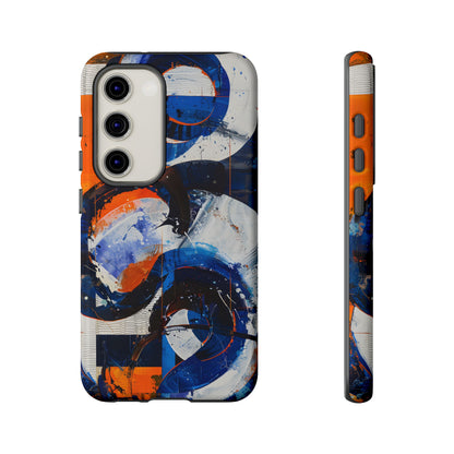 Recipe for Love and Conflict phone case featuring bold blue, orange, white, and black abstract circular forms with expressive brushstrokes and contemporary geometric artwork.