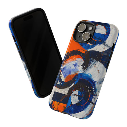 Recipe for Love and Conflict phone case featuring bold blue, orange, white, and black abstract circular forms with expressive brushstrokes and contemporary geometric artwork.