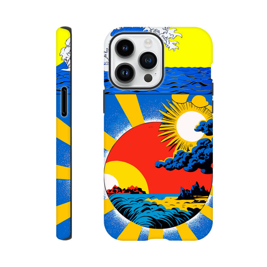 An Apple iPhone 14 Pro Max Phone Case with the following design on it: sun and clouds, blue sky with yellow rays of light, sun setting in the background, in the style of a Japanese illustration, blue sea wave on top left corner, red circle below centered, blue storm clouds inside red dot, colorful poster print style