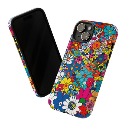 Retro Flowers phone case featuring a vibrant collage of colorful floral illustrations in a playful vintage-inspired design, celebrating creativity, joy, and timeless flower power style.
