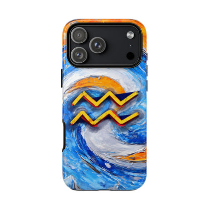 Aquarius zodiac phone case featuring vibrant blue swirling artwork, orange accents, and a bold Aquarius symbol on a protective glossy phone case.