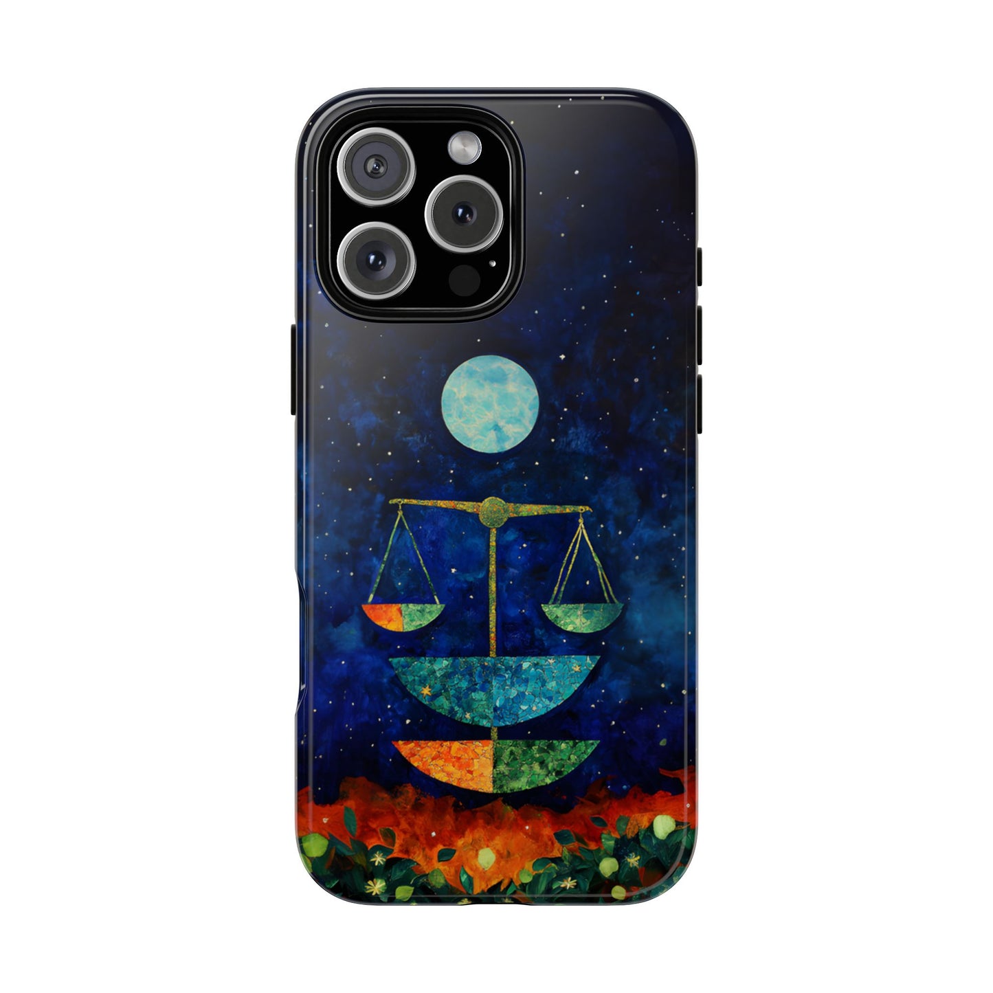 Libra zodiac phone case featuring elegant celestial scales beneath a glowing moon in a star-filled night sky, capturing the balanced and harmonious spirit of Libra.
