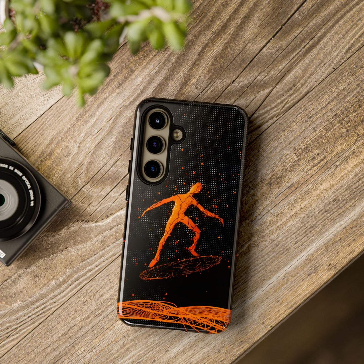 Solar Surfer phone case featuring a glowing orange surfer riding an abstract wave against a black star-filled background, symbolizing energy, freedom, and cosmic adventure.