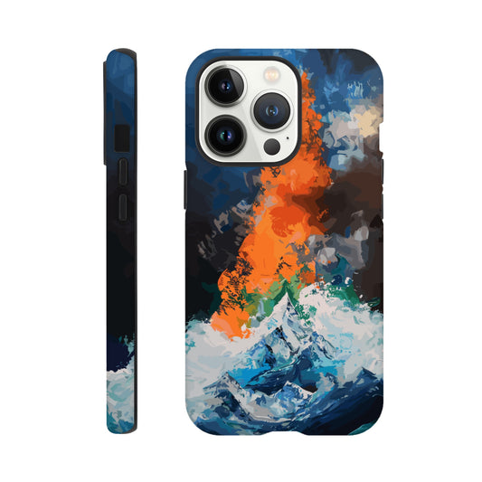 An Apple iPhone 13 Pro Phone Case with the following design on it - the Mariana Trench engulfing Mount Everest, cartoonish surrealism, blue, white, green, orange, black