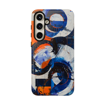 Recipe for Love and Conflict phone case featuring bold blue, orange, white, and black abstract circular forms with expressive brushstrokes and contemporary geometric artwork.