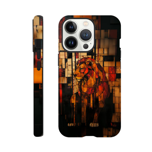 An Apple iPhone 13 Pro Phone Case with the following design on it - The Zodiac symbol for Leo - a Lion made of geometric shapes, composed of red and brown blocks. The background is dark with a blurred effect. In the style of stained glass