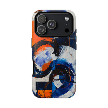 Recipe for Love and Conflict phone case featuring bold blue, orange, white, and black abstract circular forms with expressive brushstrokes and contemporary geometric artwork.