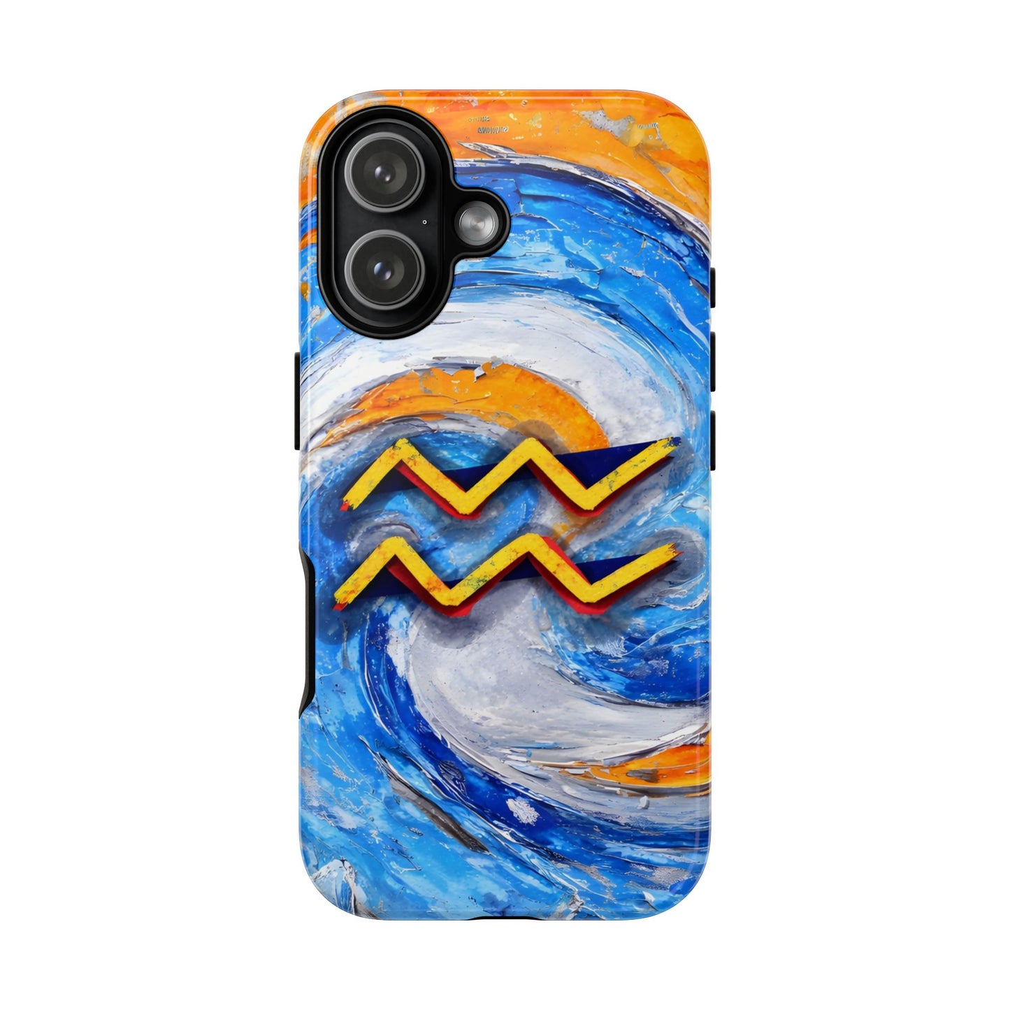 Aquarius zodiac phone case featuring vibrant blue swirling artwork, orange accents, and a bold Aquarius symbol on a protective glossy phone case.