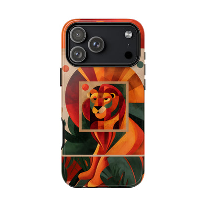 Vibrant Leo zodiac phone case featuring a majestic geometric lion surrounded by warm orange and red hues, capturing the bold, confident spirit of the Leo star sign.