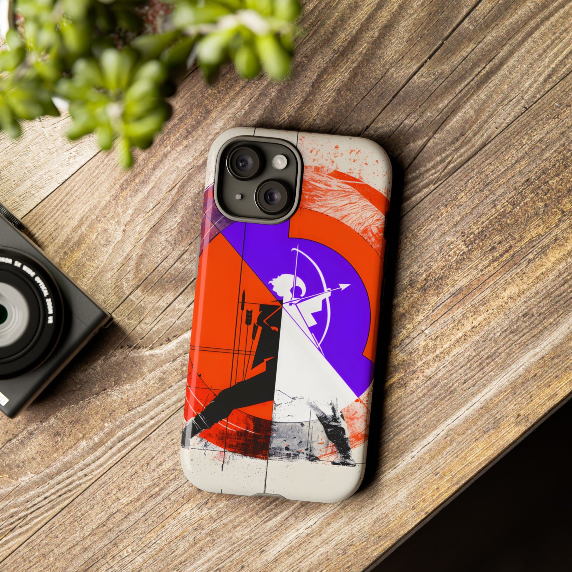 Sagittarius zodiac phone case featuring a striking geometric archer poised with bow and arrow, set against bold orange and purple abstract artwork that captures the adventurous spirit of Sagittarius.