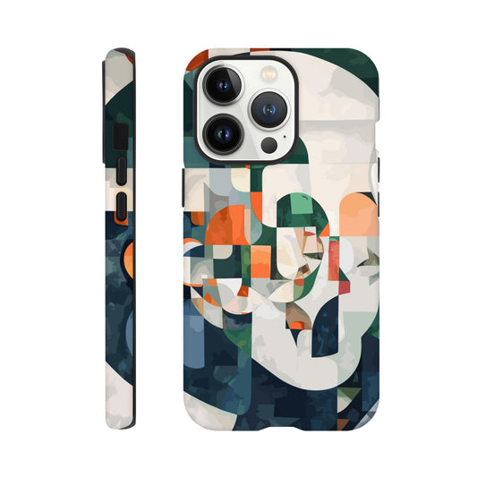 An iPhone 13 Pro Phone Case with the following design on it -A cubist-inspired portrait. The face is composed of geometric shapes and forms, with an abstract background that features soft gradients in shades of green, orange, blue, white, and grey. Abstract patterns surround the figure to create depth and movement against an emerald color palette.