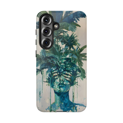 Deceitful Palms phone case featuring a surreal teal portrait partially concealed by lush tropical palm leaves, blending botanical imagery with abstract expression to symbolize hidden truths, perception, and mystery.
