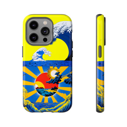 Sun Wave phone case featuring stylized blue ocean waves, a vibrant sunset scene, and bold yellow, blue, and red colors 