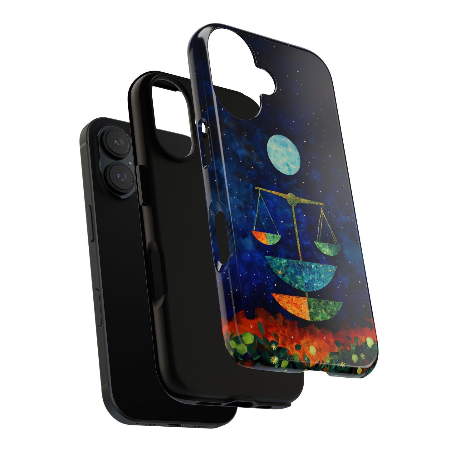 Libra zodiac phone case featuring elegant celestial scales beneath a glowing moon in a star-filled night sky, capturing the balanced and harmonious spirit of Libra.