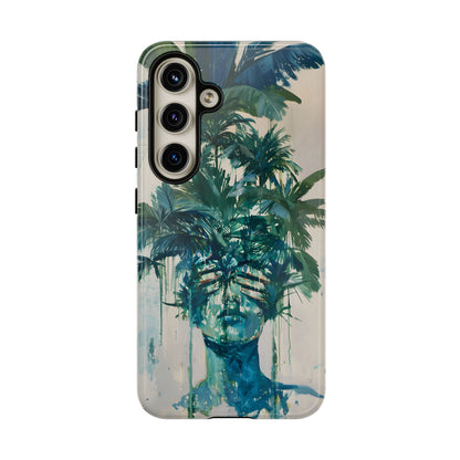 Deceitful Palms phone case featuring a surreal teal portrait partially concealed by lush tropical palm leaves, blending botanical imagery with abstract expression to symbolize hidden truths, perception, and mystery.