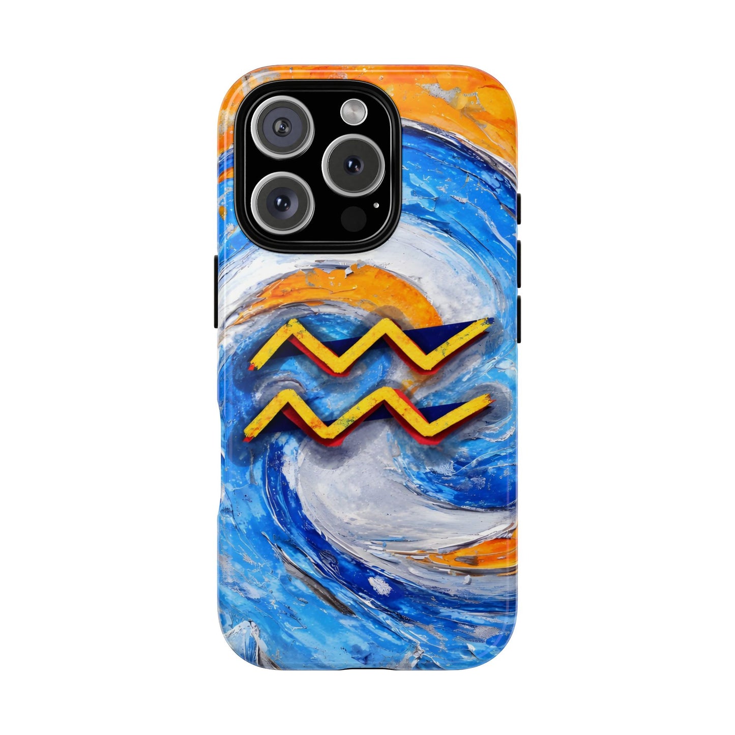 Aquarius zodiac phone case featuring vibrant blue swirling artwork, orange accents, and a bold Aquarius symbol on a protective glossy phone case.