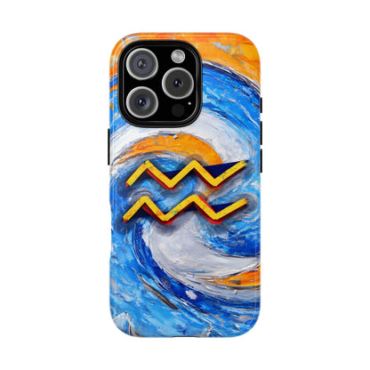 Aquarius zodiac phone case featuring vibrant blue swirling artwork, orange accents, and a bold Aquarius symbol on a protective glossy phone case.