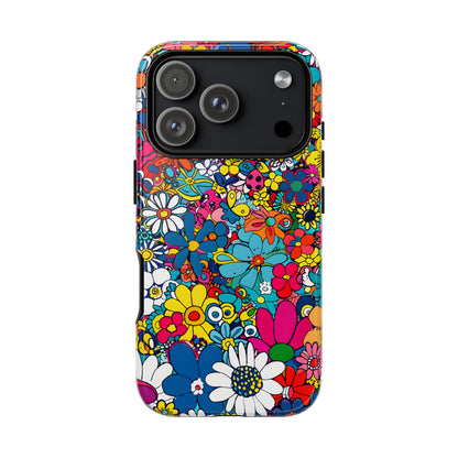 Retro Flowers phone case featuring a vibrant collage of colorful floral illustrations in a playful vintage-inspired design, celebrating creativity, joy, and timeless flower power style.