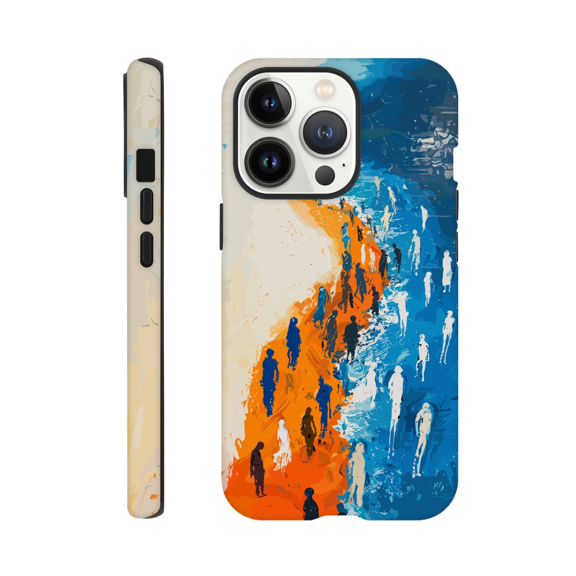 An iPhone 13 Pro Phone Case with the following design on it - the Sahara desert pouring into a beautiful ocean while a large group of non distinct human forms wade through the shallows as well as walk along the new shore, blue, orange, white, style of fauvism