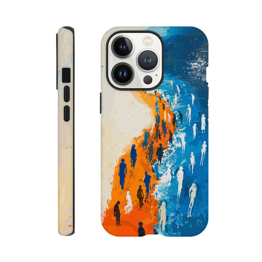 An iPhone 13 Pro Phone Case with the following design on it - the Sahara desert pouring into a beautiful ocean while a large group of non distinct human forms wade through the shallows as well as walk along the new shore, blue, orange, white, style of fauvism