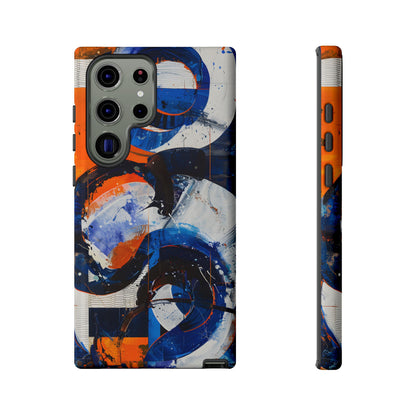 Recipe for Love and Conflict phone case featuring bold blue, orange, white, and black abstract circular forms with expressive brushstrokes and contemporary geometric artwork.