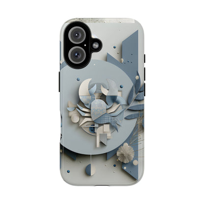 Cancer zodiac phone case featuring a stylized crab design, layered blue-gray artwork, and elegant geometric details on a protective glossy phone case.