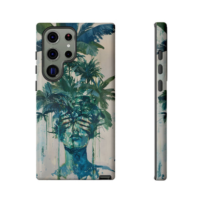 Deceitful Palms phone case featuring a surreal teal portrait partially concealed by lush tropical palm leaves, blending botanical imagery with abstract expression to symbolize hidden truths, perception, and mystery.