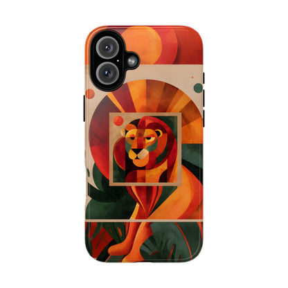 Vibrant Leo zodiac phone case featuring a majestic geometric lion surrounded by warm orange and red hues, capturing the bold, confident spirit of the Leo star sign.