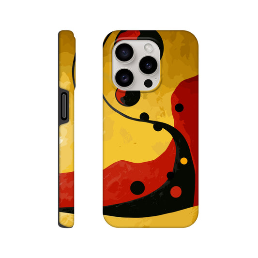 An Apple iPhone 15 Pro Phone Case with the following design on it - Abstract painting of yellow, red and black dots on the wall in an art deco style. The background is a dark gradient from light to deep yellow. In the foreground there's a swirl with three circles that resemble multiple shapes within each other, giving it depth. It has organic curves but also geometric elements.