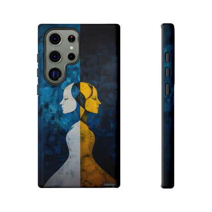 Gemini zodiac phone case featuring stylized twin figures rendered in gold and ivory against a richly textured midnight blue background, symbolizing the dual nature of Gemini.