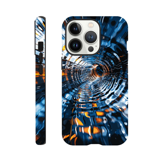An Apple iPhone 13 Pro Phone Case with the following design on it: abstract futuristic tunnel made of chrome and glass, motion blur, dark blue background, orange highlights. The tunnel was created in the style of an abstract futuristic design using chrome and glass with a motion blur effect against a dark blue background highlighted with orange