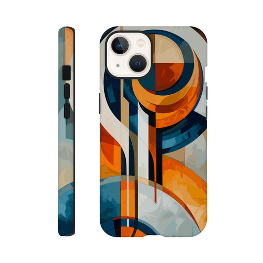 An Apple iPhone 13 Phone Case with the following design on it: An abstract painting of an orange, blue and white circular design with lines in the style of cubism. The shapes create visual harmony by creating balance between soft curves and sharp angles. It uses flat color to give depth through gradients. There is an emphasis on the use of light and shadow. In some places there's an airbrush effect.