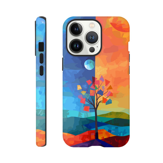 An Apple iPhone 13 Pro Phone Case with the following design on it - A landscape with two distinct color blocks representing day and night, featuring the sun on one side and the moonlight on the other, with a tree in between, depicted as geometric shapes and colors in the style of abstract art, with vibrant and contrasting colors, a modern digital painting