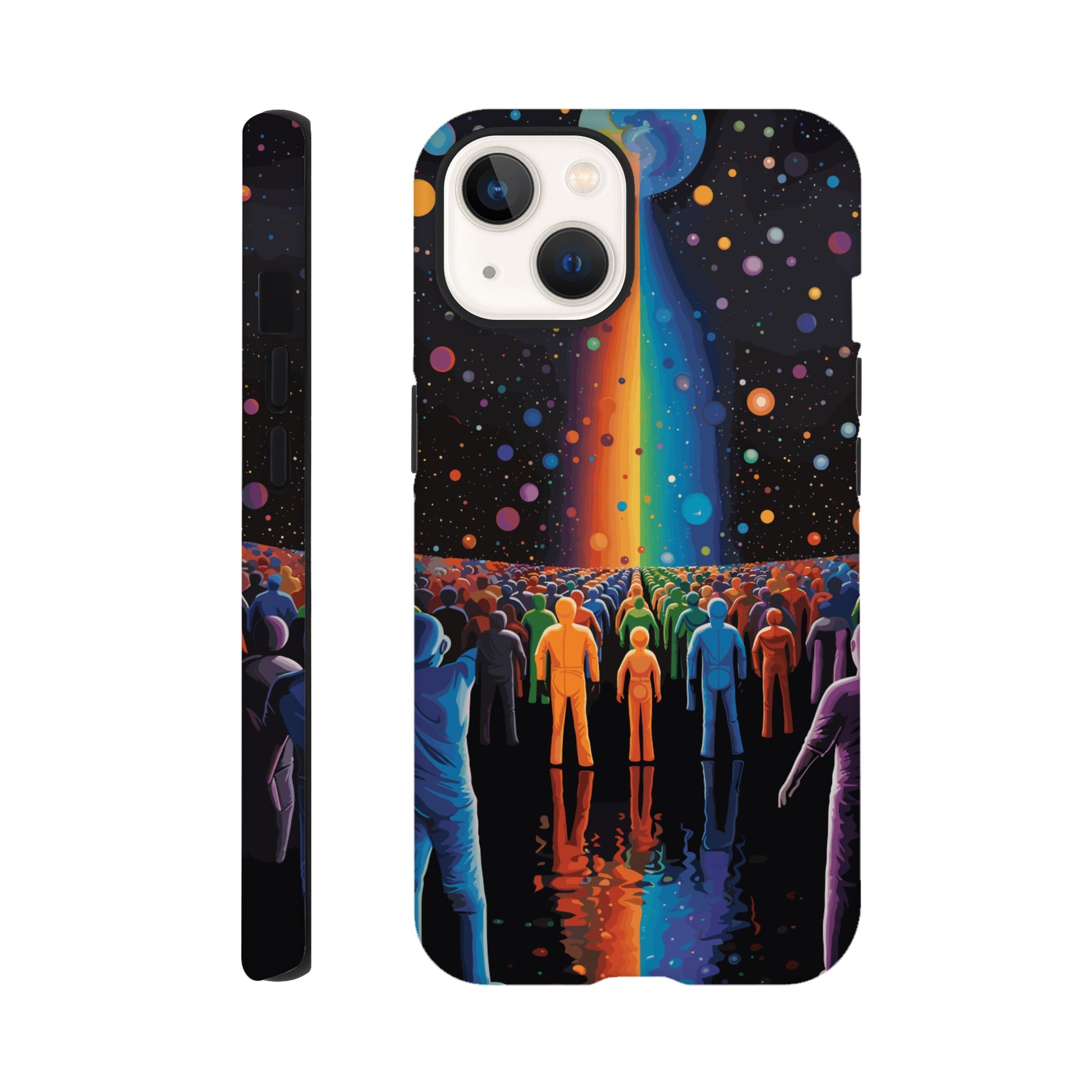 An Apple iPhone 13 Phone Case with the following design on it : A cartoonish image of a colorful crowd of people on the surface of an alien planet, with rainbows and stars in the background. The design incorporates different colors to create a visually appealing composition. The lighting creates a sense of depth and dimension. The overall effect conveys wonderment and excitement as if looking out into space