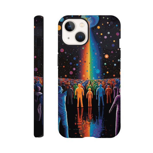 An Apple iPhone 13 Phone Case with the following design on it : A cartoonish image of a colorful crowd of people on the surface of an alien planet, with rainbows and stars in the background. The design incorporates different colors to create a visually appealing composition. The lighting creates a sense of depth and dimension. The overall effect conveys wonderment and excitement as if looking out into space