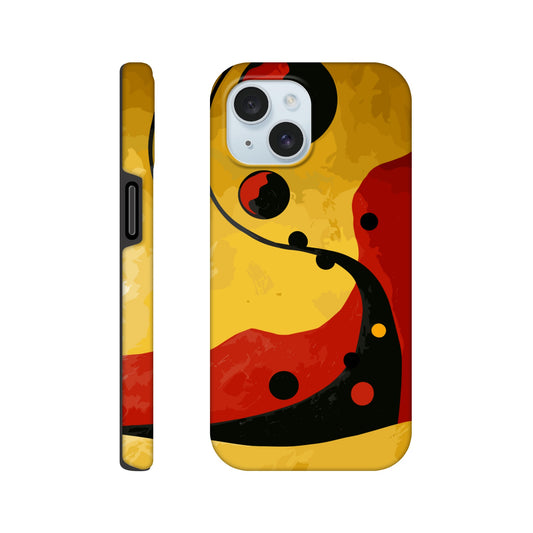 An Apple iPhone 15 Phone Case with the following design on it - Abstract painting of yellow, red and black dots on the wall in an art deco style. The background is a dark gradient from light to deep yellow. In the foreground there's a swirl with three circles that resemble multiple shapes within each other, giving it depth. It has organic curves but also geometric elements.