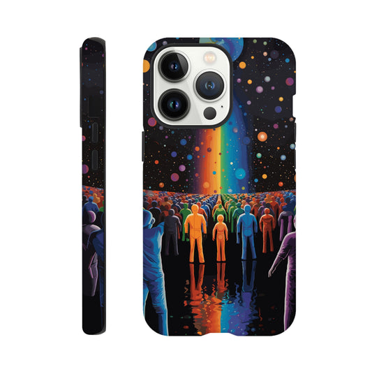 An Apple iPhone 13 Pro Phone Case with the following design on it : A cartoonish image of a colorful crowd of people on the surface of an alien planet, with rainbows and stars in the background. The design incorporates different colors to create a visually appealing composition. The lighting creates a sense of depth and dimension. The overall effect conveys wonderment and excitement as if looking out into space