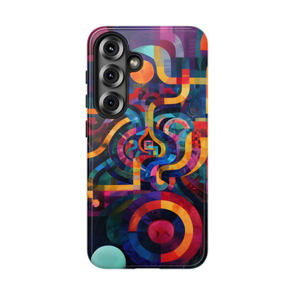 Abstract Portal phone case featuring colorful interwoven curves, concentric circles, and vibrant geometric artwork in blue, purple, orange, pink, and teal.