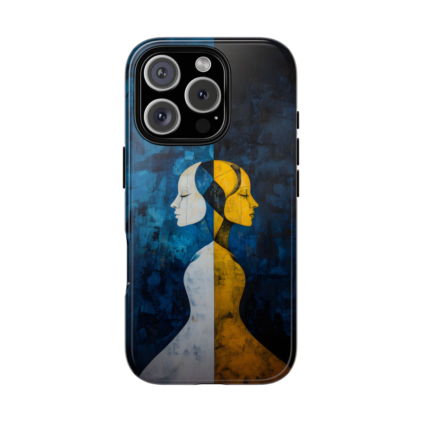 Gemini zodiac phone case featuring stylized twin figures rendered in gold and ivory against a richly textured midnight blue background, symbolizing the dual nature of Gemini.