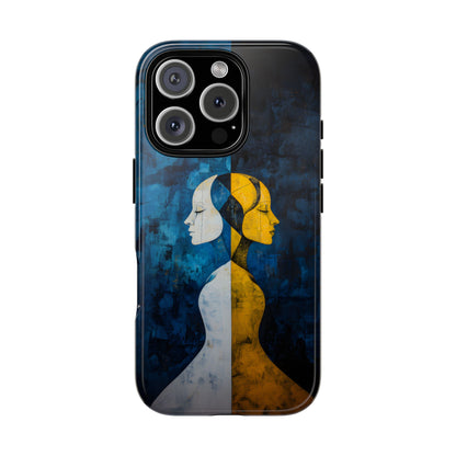 Gemini zodiac phone case featuring stylized twin figures rendered in gold and ivory against a richly textured midnight blue background, symbolizing the dual nature of Gemini.