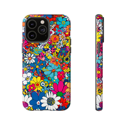 Retro Flowers phone case featuring a vibrant collage of colorful floral illustrations in a playful vintage-inspired design, celebrating creativity, joy, and timeless flower power style.