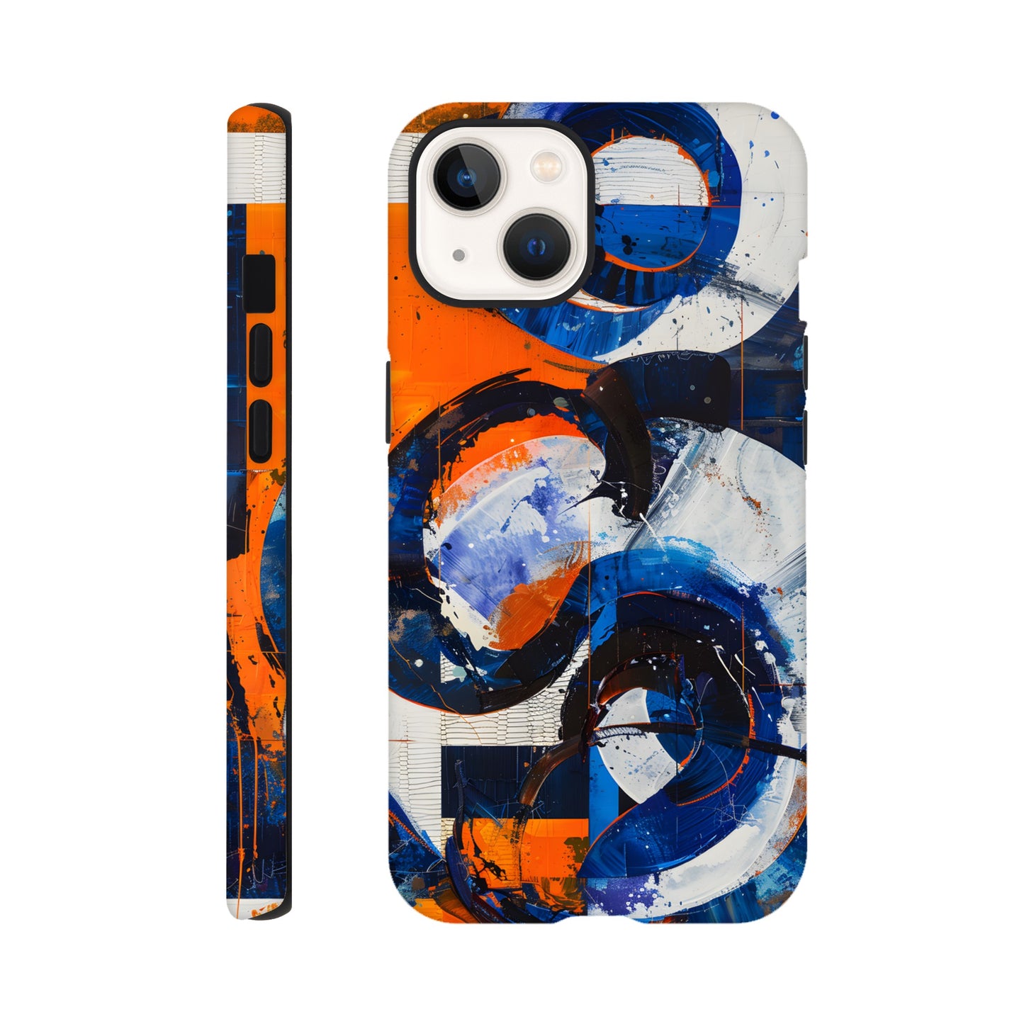 An Apple iPhone 13  Phone Case with the following design on it - An abstract painting of circles and squares in orange, blue and white, with an overall sense of movement and vitality. The background is collage-like, with elements such as textures, lines, stripes, scribbles and splashes of paint, along with irregular shapes