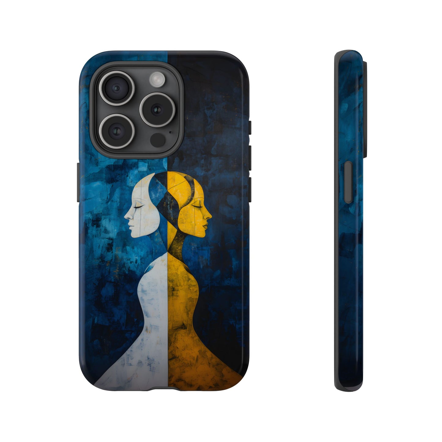 Gemini zodiac phone case featuring stylized twin figures rendered in gold and ivory against a richly textured midnight blue background, symbolizing the dual nature of Gemini.