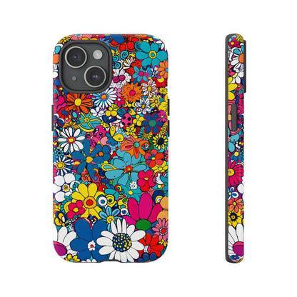 Retro Flowers phone case featuring a vibrant collage of colorful floral illustrations in a playful vintage-inspired design, celebrating creativity, joy, and timeless flower power style.