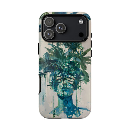 Deceitful Palms phone case featuring a surreal teal portrait partially concealed by lush tropical palm leaves, blending botanical imagery with abstract expression to symbolize hidden truths, perception, and mystery.